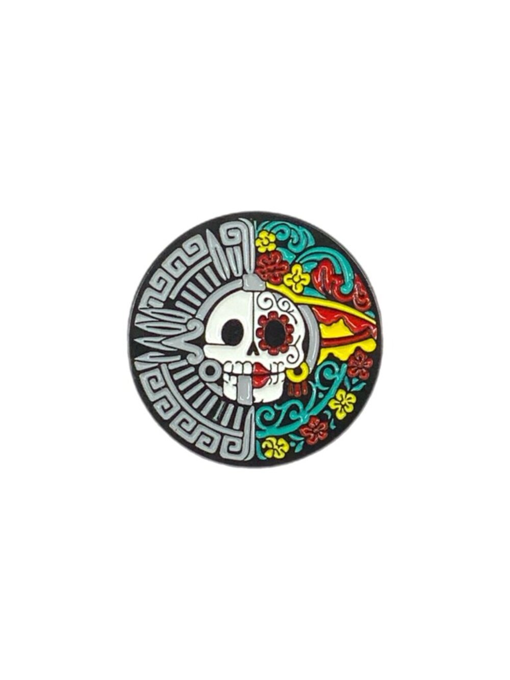 Aztec Style Skull Day if the Dead Sugar Skull Round Enamel Pin Black Metal